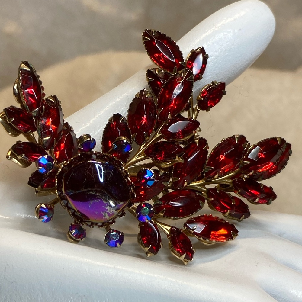 Vintage Red Navette Rhinestone AB Cabochon Floral Spray Brooch Pin
